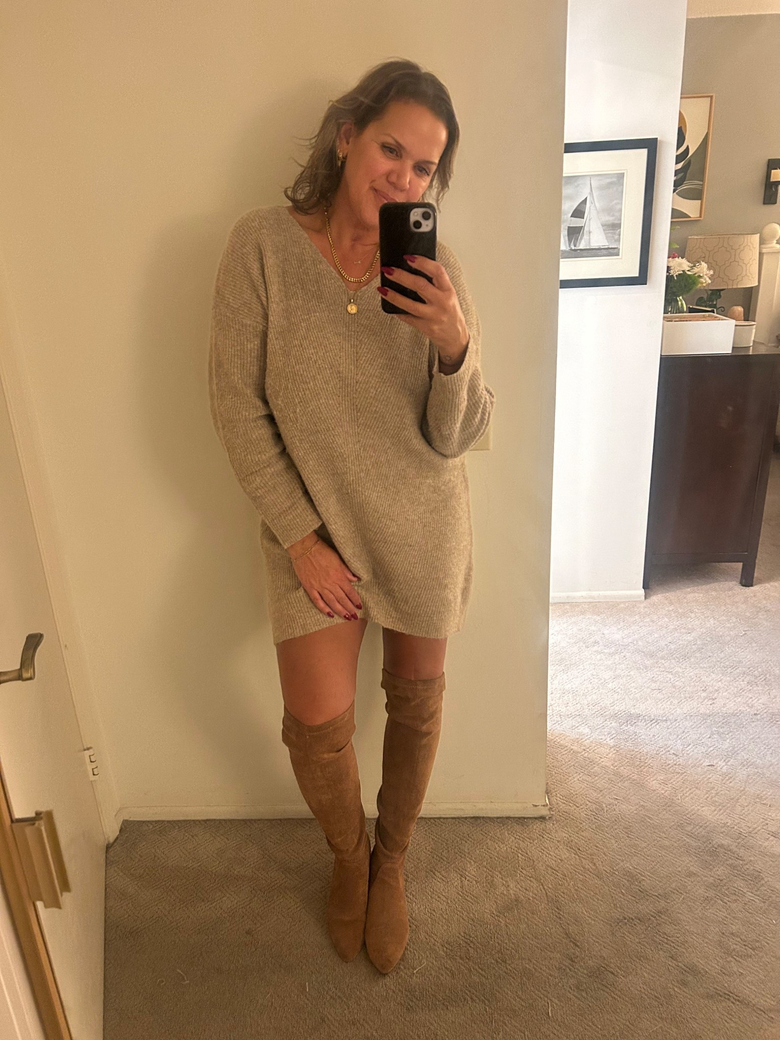 Your perfect holiday/party outfit is here!  A comfy sweater dress plus over the knee suede boots. Both come in multiple colors. And the boots even come with different heel heights! Perfect for those of us who don't need or want a high heel. T😀

#LTKMidsize #LTKHoliday #LTKTall