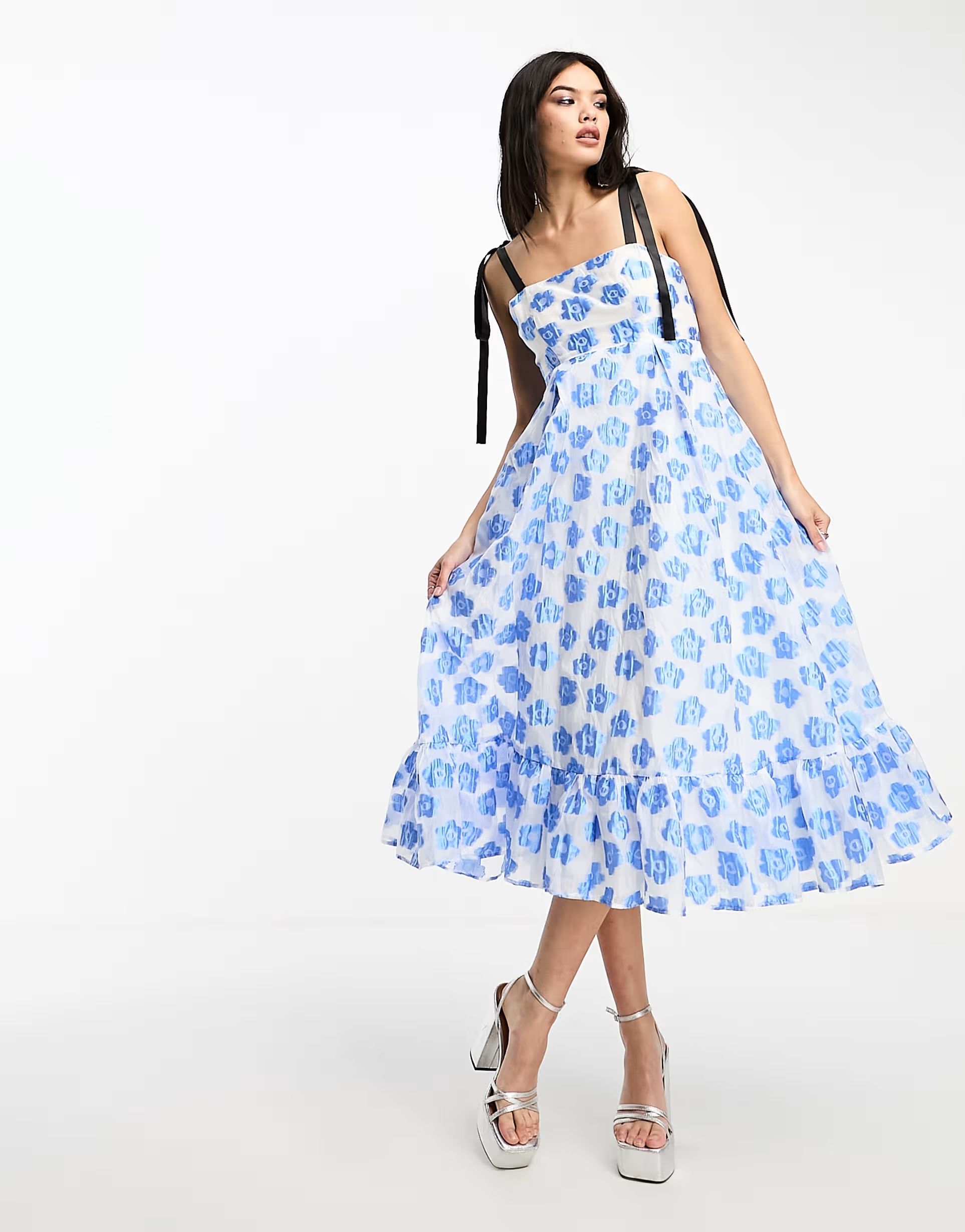 Sister Jane bow strap jacquard midi dress in blue floral | ASOS (Global)