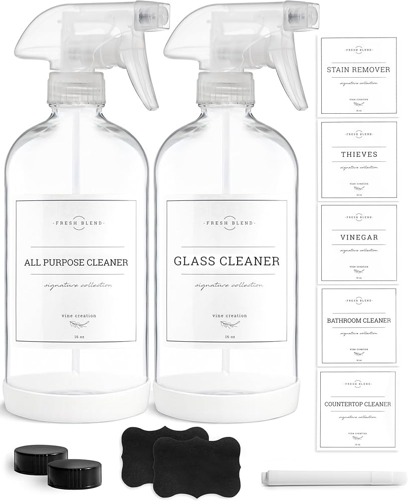 Vine Creations Glass Spray Bottles, 2 Pack Refillable Spray Bottles for Cleaning Solutions, Clear... | Amazon (US)