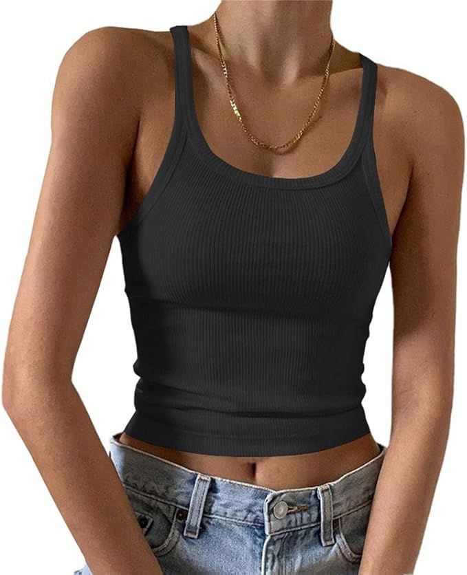 Artfish Women's Sleeveless Tank Top Form Fitting Scoop Neck Ribbed Knit Basic Cami Shirts | Amazon (US)