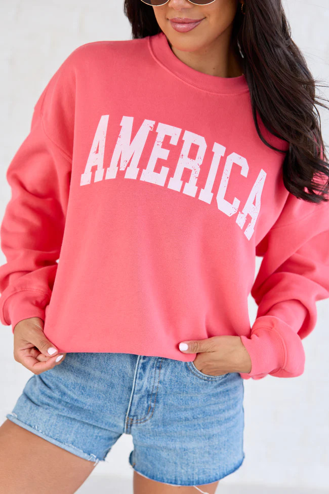 America Distressed Light Red Graphic Sweatshirt | Pink Lily