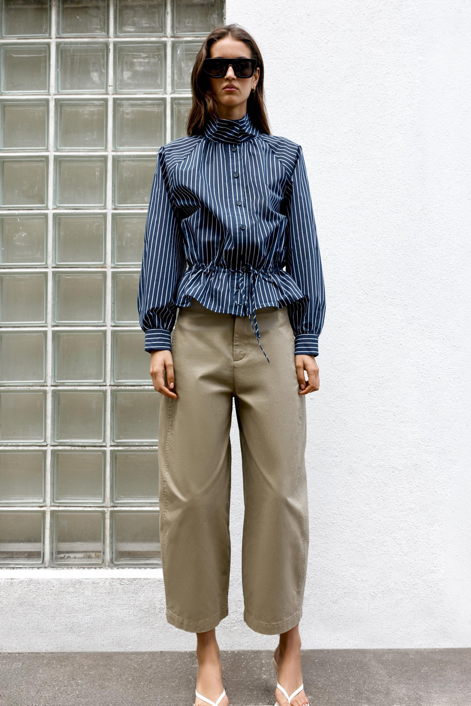 Zara - Striped High Neck Shirt - Navy / White - Xl - Woman | Zara US