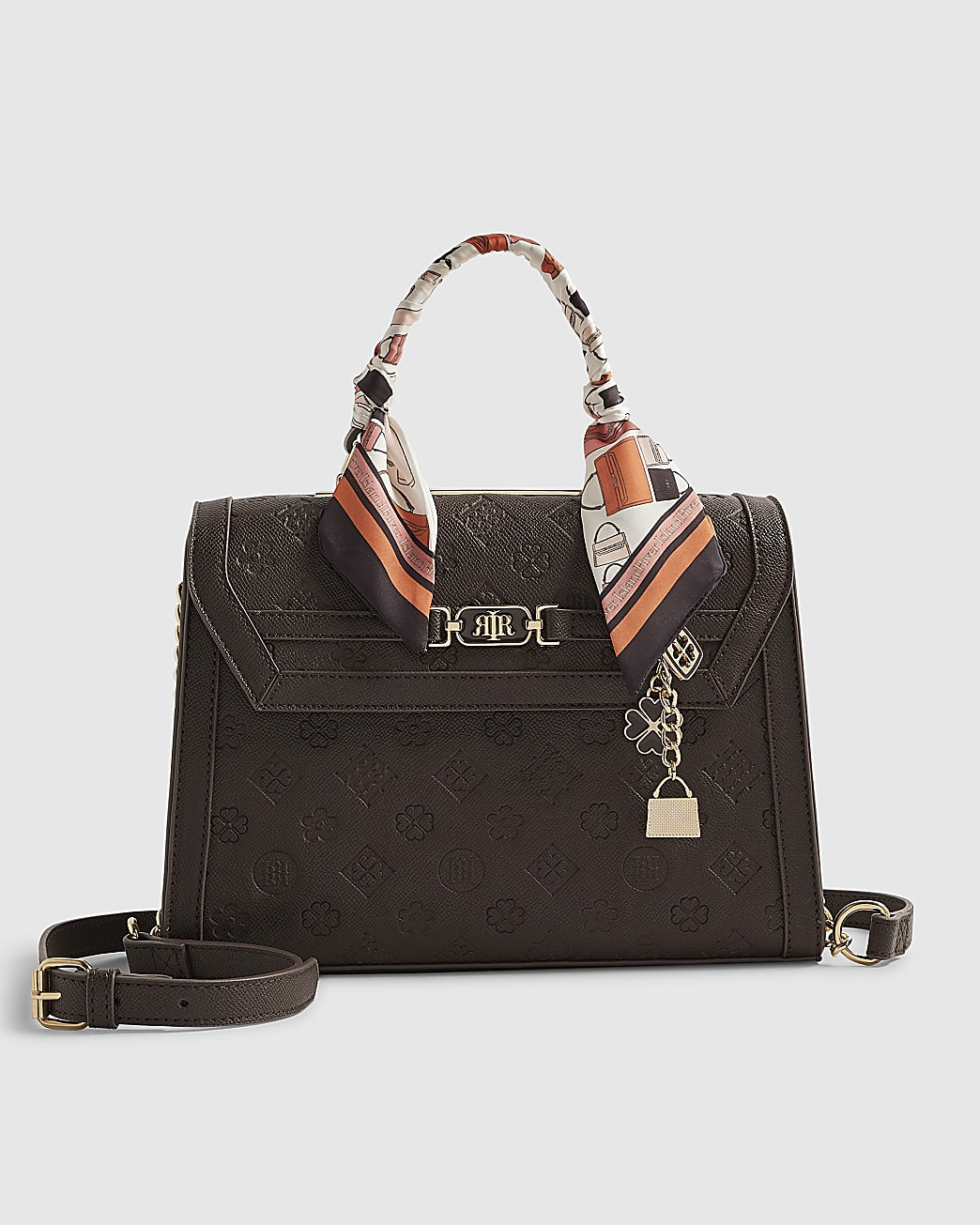 Brown Scarf Embossed Charm Tote Bag | River Island UK & IE