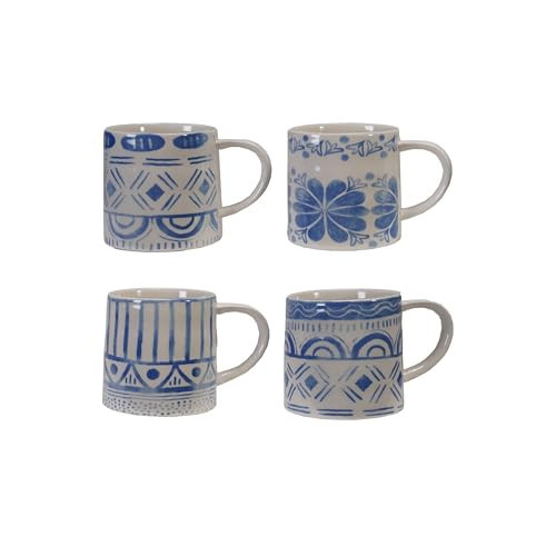 Creative Co-Op 4-Piece Stoneware Mug with Tile Pattern, Blue and White | Amazon (US)