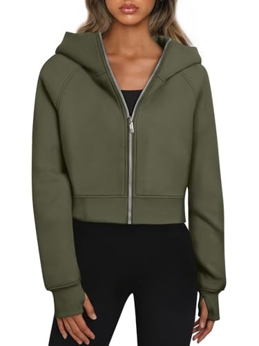 Trendy Queen Womens Zip Up Hoodies Jackets Cropped Sweatshirts Fleece Fall Outfits Casual Comfy Y2k Tops Winter Clothes 2026 ArmyGreen XS | Amazon (US)