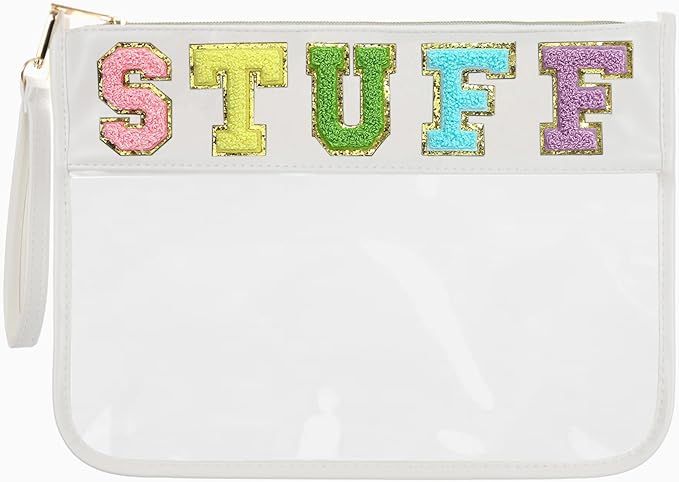 Preppy Stuff Bag Chenille Letter Clear Zipper Pouch for Travel,Nylon Clear Cosmetic Bag,Makeup Tr... | Amazon (US)
