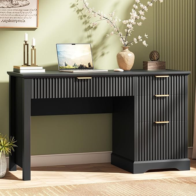 Vabches Fluted Executive Desk with Drawers, Wood Computer Desk with Ample File Drawer, Home Offic... | Amazon (US)