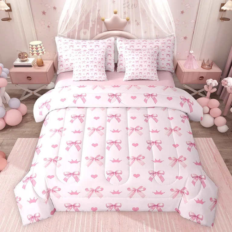 Feelyou Dreamy Pink Bowknot Twin Bedding Sets 7-Piece for Girls, Kawaii Princess Crown Bedding Co... | Walmart (US)