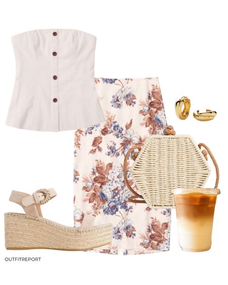Midi skirt floral pattern white top straw shoes sandals bag and gold jewellery 

#LTKeurope #LTKstyletip #LTKunder100