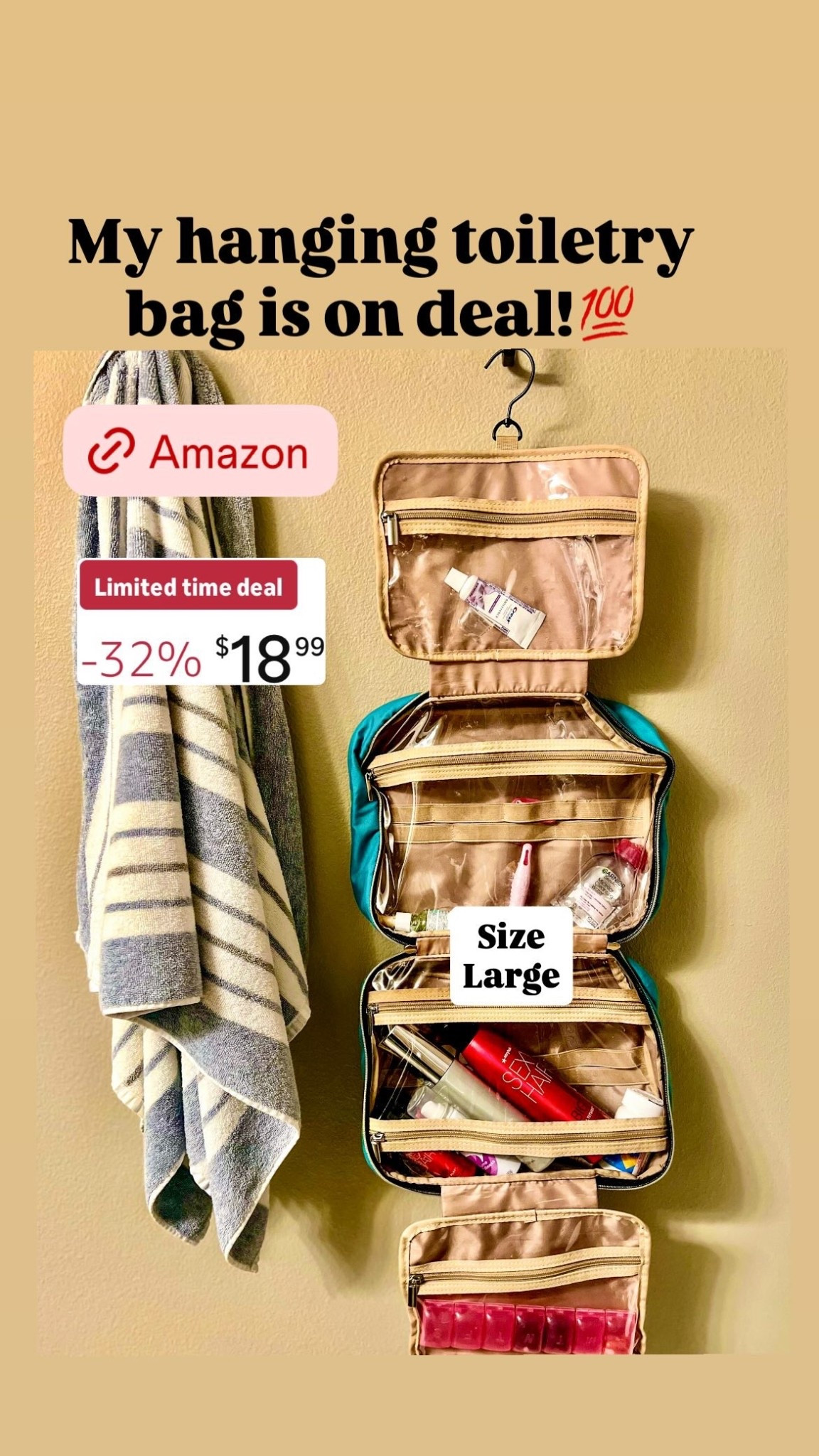 Size
Large My hanging toiletry bag is on deal!💯