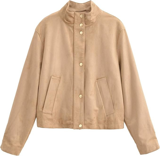 Xunger Women's Casual Faux Suede Jacket High Neck Utility Button Front Coat Streetwear Outerwear ... | Amazon (US)