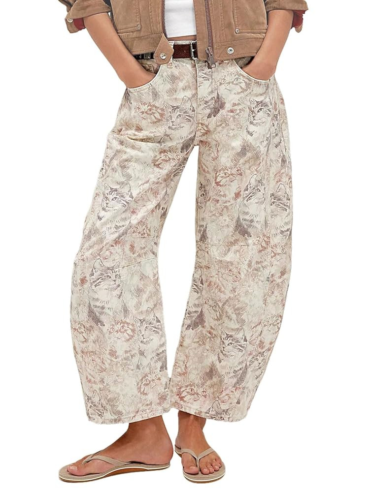 CHARTOU Womens Wide Leg Cropped Jeans Pants Baggy High Rise Denim Pants Y2k Floral Barrel Jeans | Amazon (US)