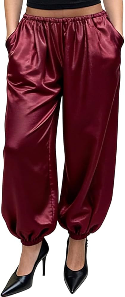 YOOTIKO Womens Satin Pants Elastic High Waisted Dressy Silk Harem Pants Casual Balloon Slack Trou... | Amazon (US)