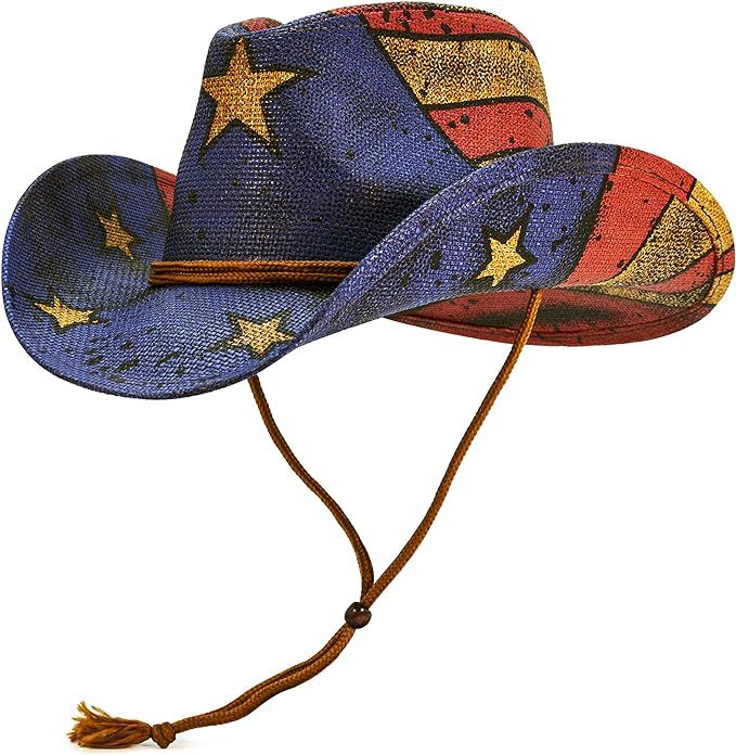 Straw Western Cowboy Cowgirl Hats Vintage American Flag Drawstring Closure with Shapeable Brim fo... | Amazon (US)