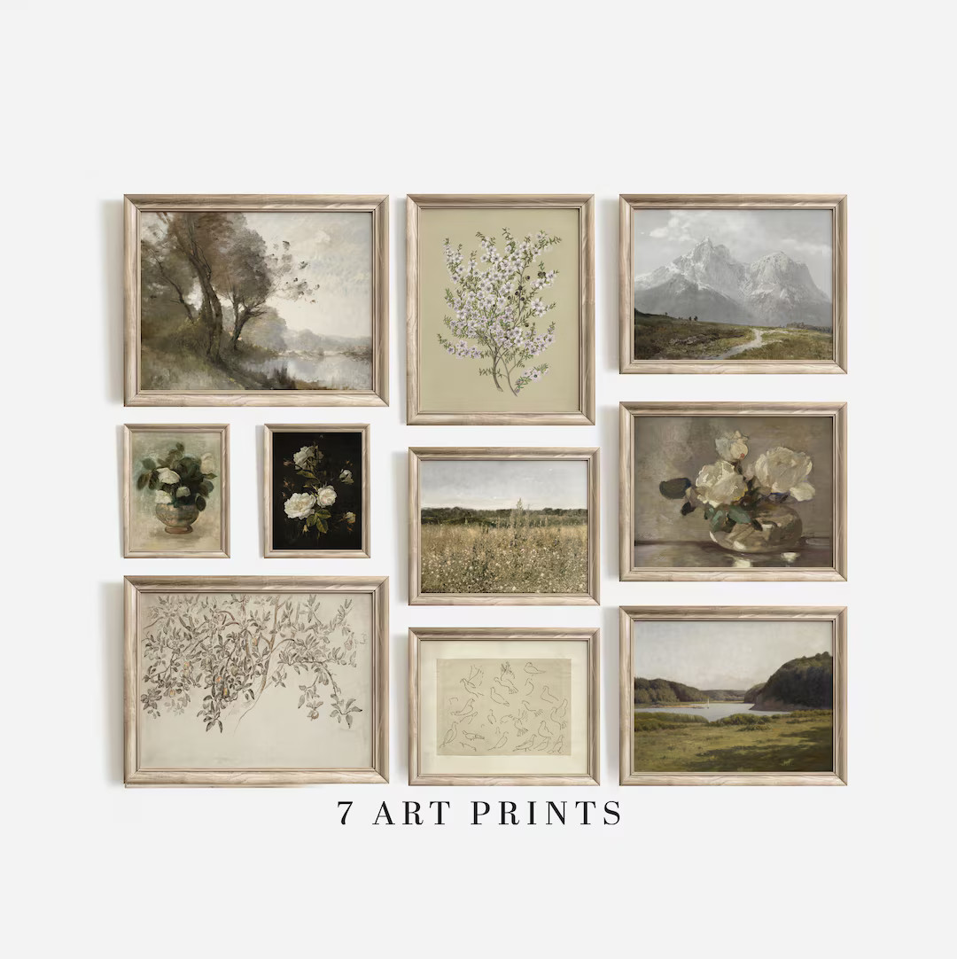 French Country Gallery Wall Art Set, Vintage Living Room Decor, Muted Green Neutral Tone Prints, ... | Etsy (US)