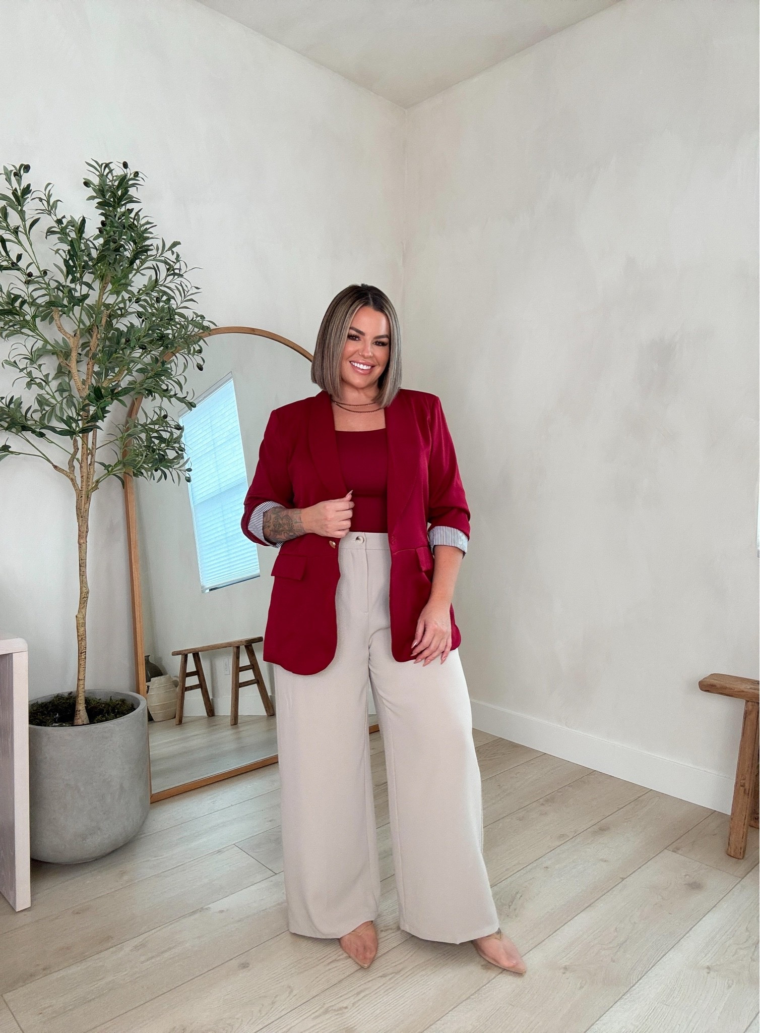 Fall workwear outfit 
#workwear #office #work #businesscasual 

Blazer xl 
Top xl 
Pants xl I’m 5’5 length is perfect with a flat to short for a heel 
Also linked the arm bands u use to keep blazer sleeves up so they don’t slide down.