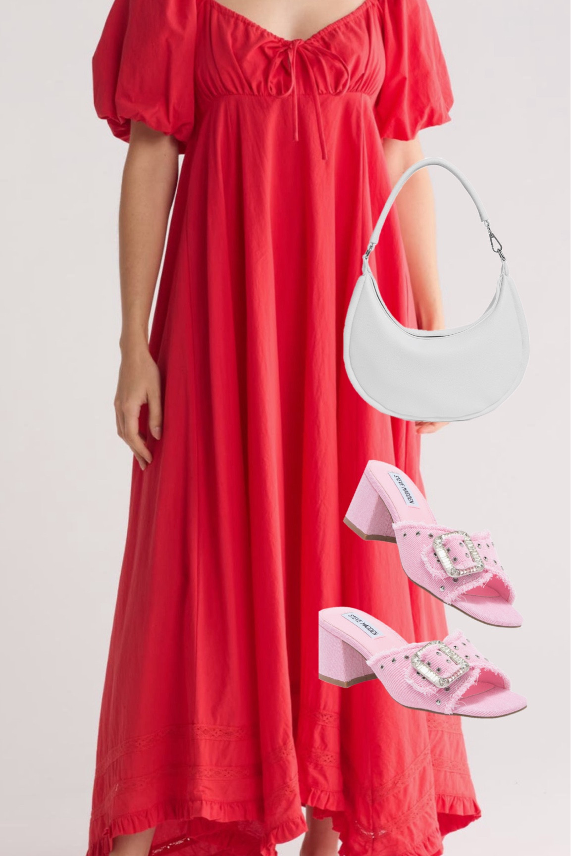 Color blocking summer look, obsessed with the denim pink shoes! This flowy dress would be great while pregnant and breastfeeding!