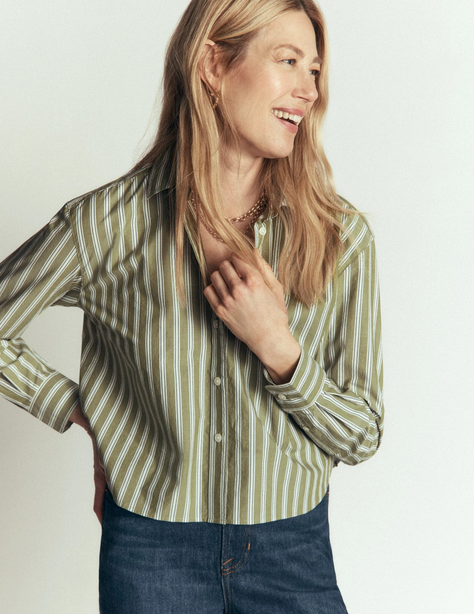 Sienna Cropped Cotton Shirt-Olive, Navy Tram Stripe | Boden (US)
