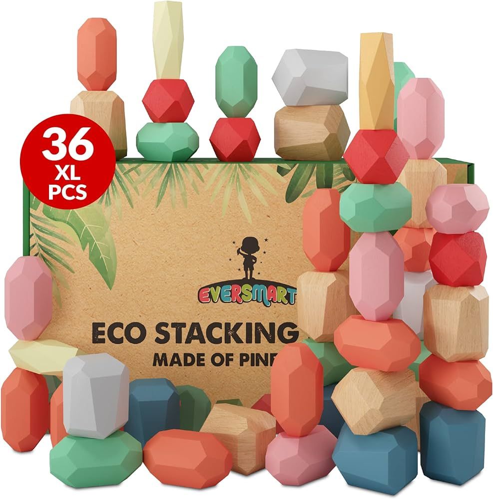 EVERSMART 36 Pcs Wooden Stacking Blocks – Montessori Toys for 1 2 3 4 5 6 Year Old Toddlers and... | Amazon (US)