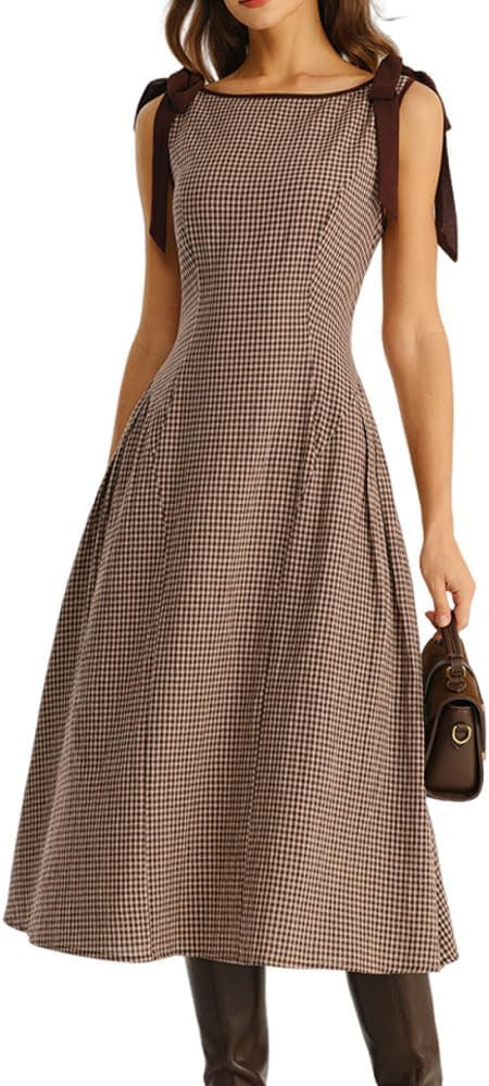 RIHOAS Women's Plaid Boat Neck A-Line Midi Dress - Casual Vintage Plaid Dress for Women | Amazon (US)