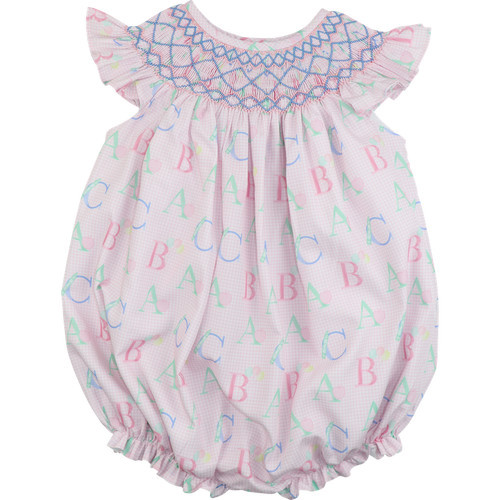 Pink Gingham Smocked ABC Print Bubble | Cecil and Lou