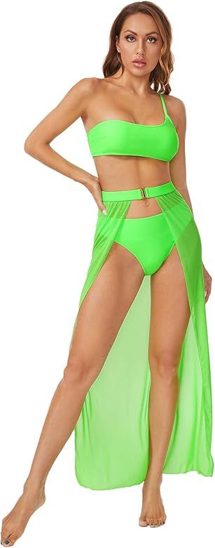 Verdusa Women's 3pack One Shoulder High Cut Swimsuit Bikini Set with Cover Up Skirt | Amazon (US)