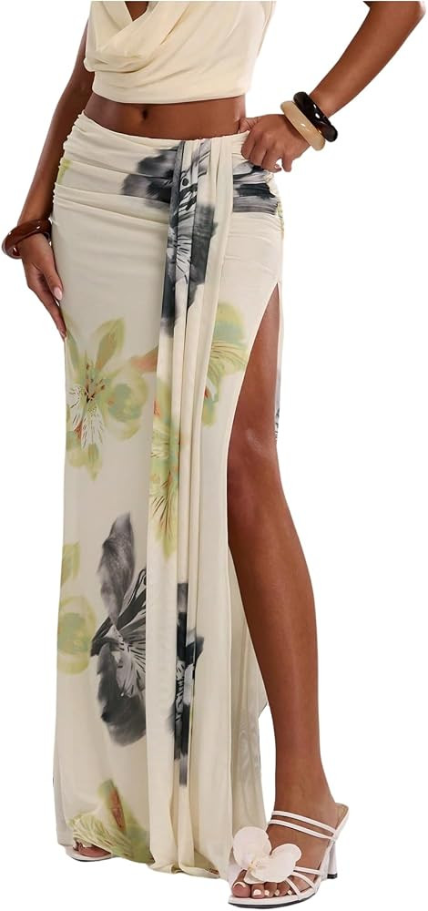 GORGLITTER Women's Floral Print Ruched Bodycon Maxi Skirts Trendy Dressy Fall Low Waisted Y2k Spl... | Amazon (US)