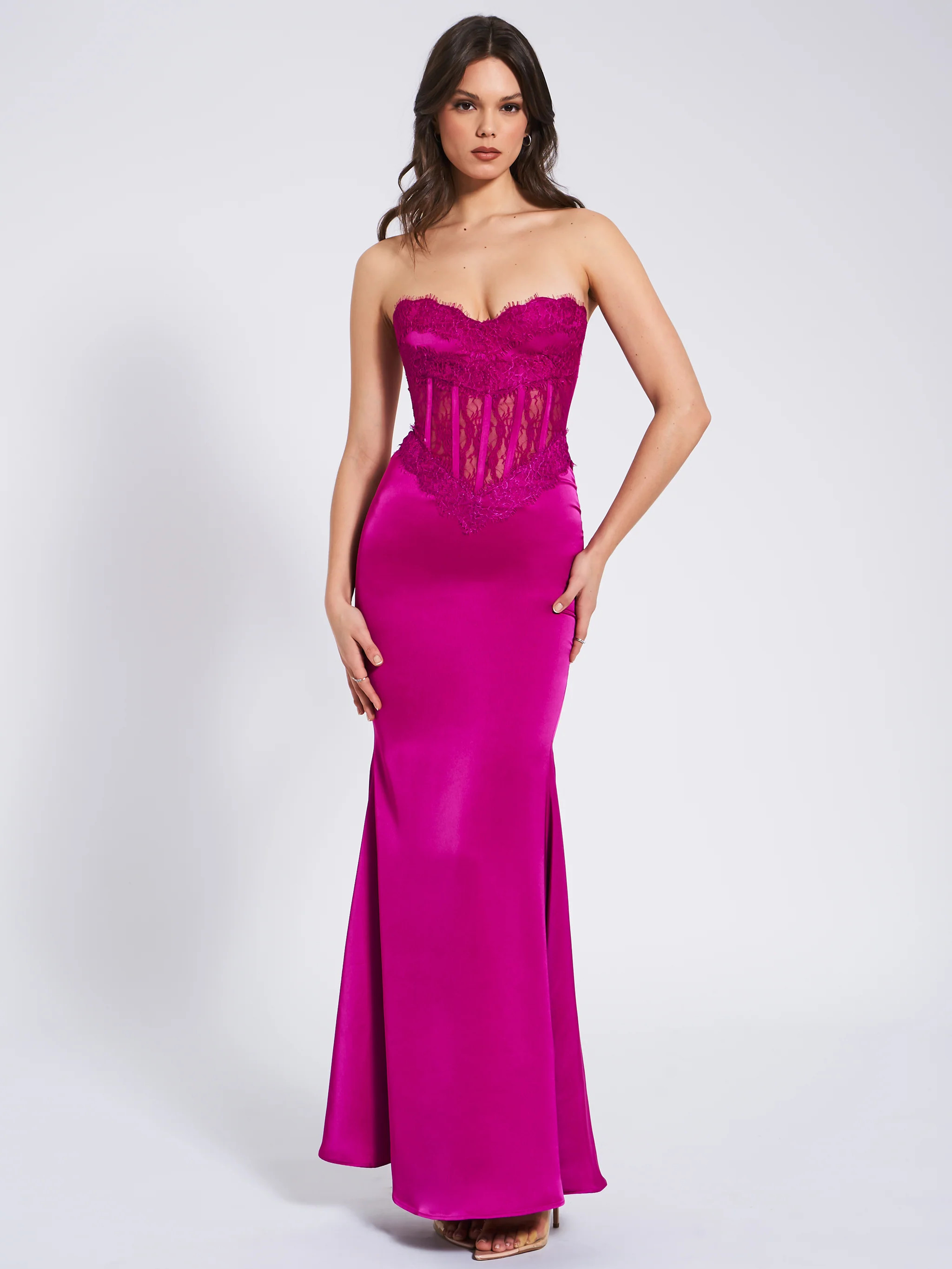 Everleigh Fuchsia Lace Satin Corset Maxi Dress | Miss Circle