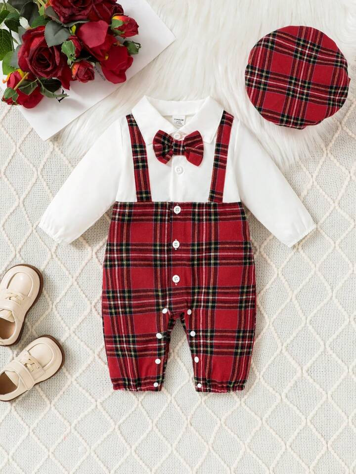 Souflis 2pcs/Set Baby Boy Christmas Party Fall Outfit, Red Plaid Long Sleeve Jumpsuit With Bow Ti... | SHEIN
