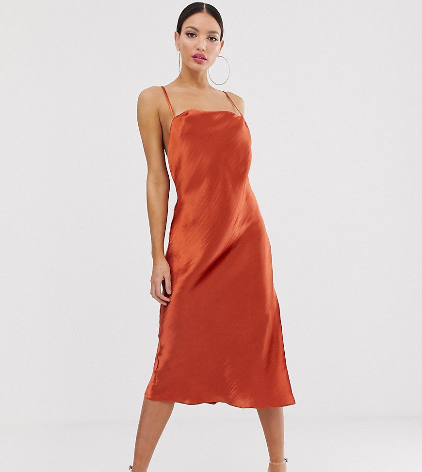 ASOS DESIGN Tall cami slip midi dress in high shine satin with strappy back-Brown | ASOS (Global)