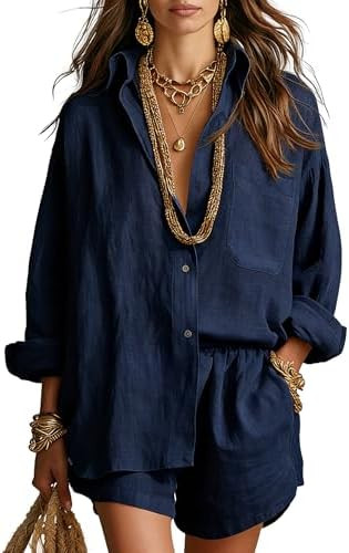 Gozoloma Women's 2 Piece Cotton Linen Set 3/4 Sleeve Button Down Shirt and Shorts with Pockets Ca... | Amazon (US)