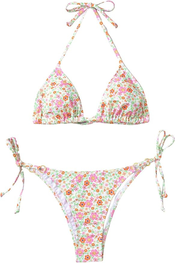 SOLY HUX Bikini Sets for Women Ditsy Floral Two Piece Halter Bikini Sets High Cut Sexy Bathing Su... | Amazon (US)