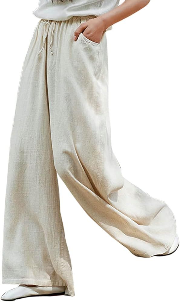 IXIMO Women's Cotton Linen Wide Leg Pants Casual Drawstring Lounge Palazzo Loose Trousers | Amazon (US)