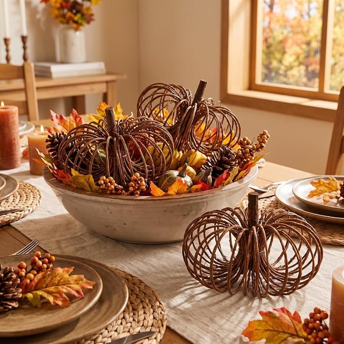 Honeydak 3 Pcs Fall Artificial Wicker Rattan Pumpkins, Autumn Table Decor | Amazon (US)