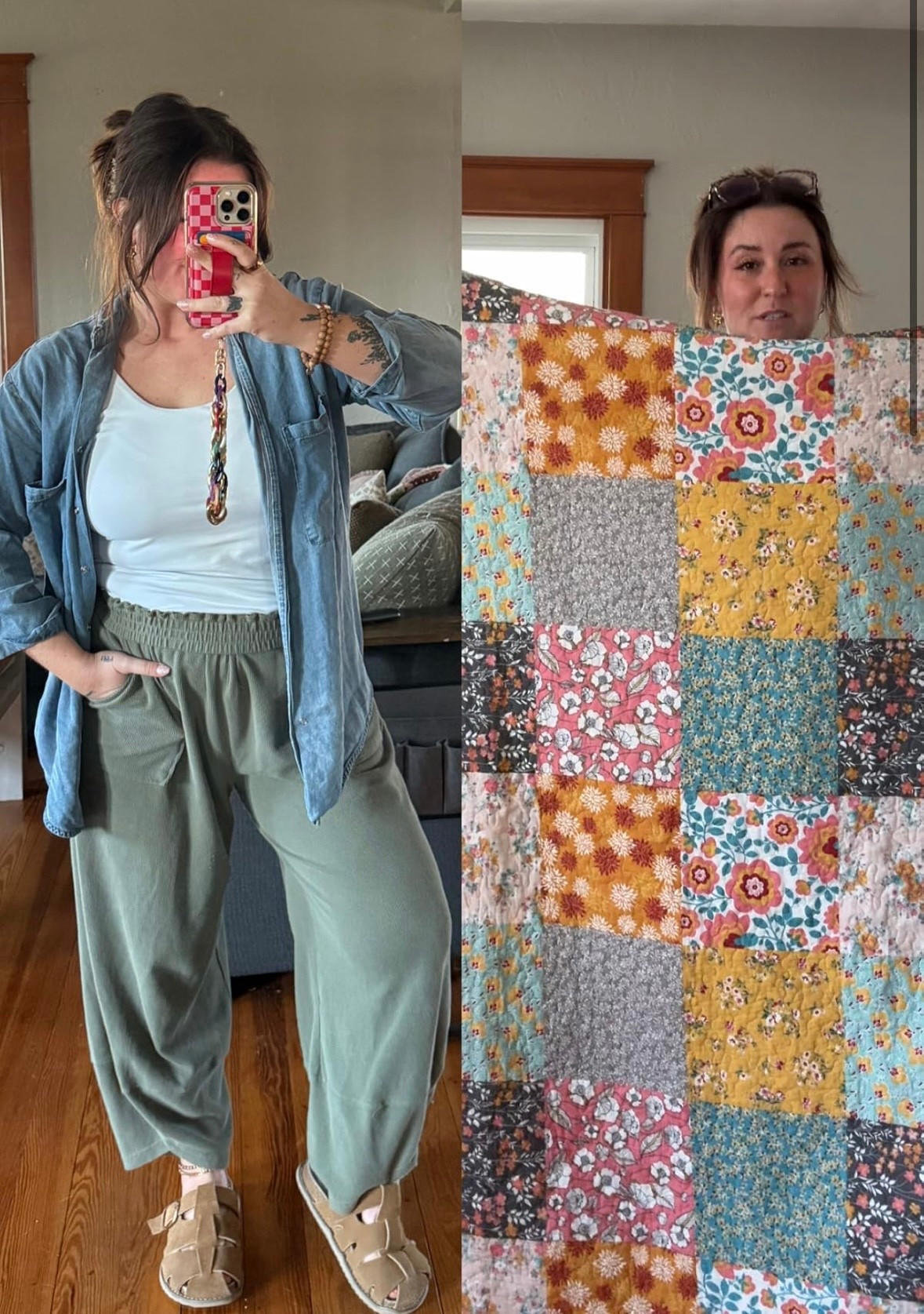 Showing off my cute quilted throw. So cozy for snuggling. Also loving this denim shirt and barrel jogger combo!

#LTKHome #LTKootd #LTKMidsize