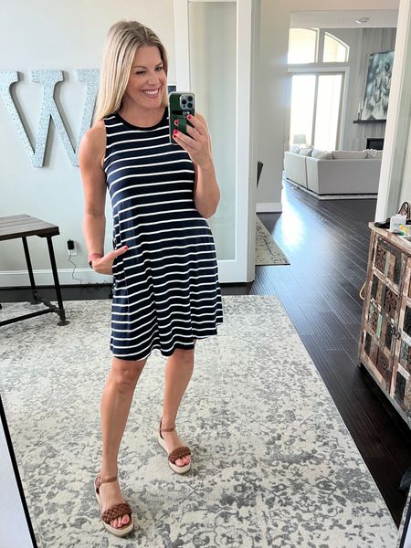 This swing dress that I got on @Walmart is perfect for a hot summer day! #walmartpartner The blue and white stripes are so festive and could work for Memorial Day or 4th of July! I sized down to a medium. #walmartfashion 

#LTKMidsize #LTKOver40