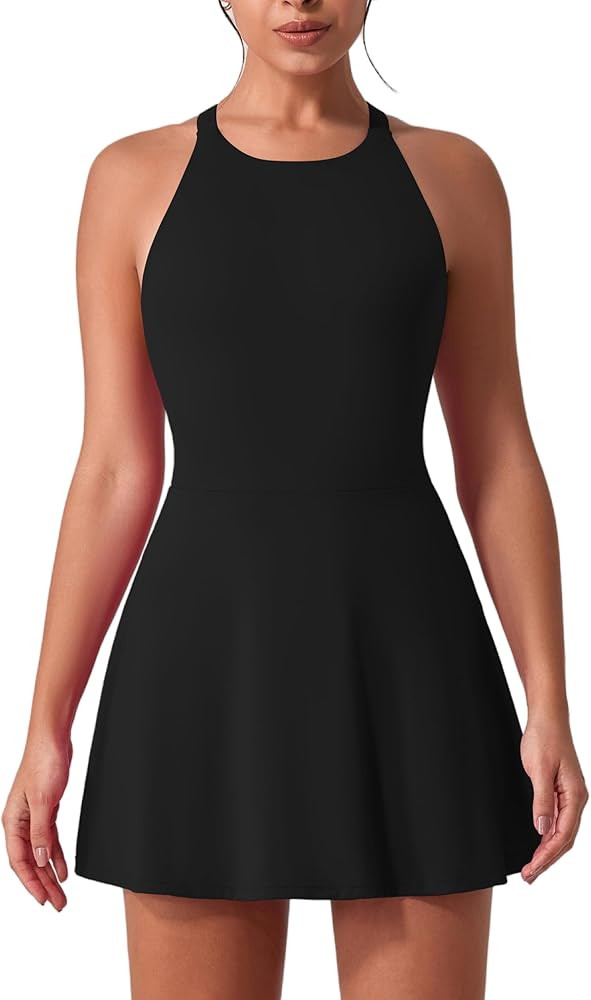 ABOCIW Womens Tennis Dress with Built-in Shorts High Neck Cross Back Athletic Dress Sleeveless Go... | Amazon (US)
