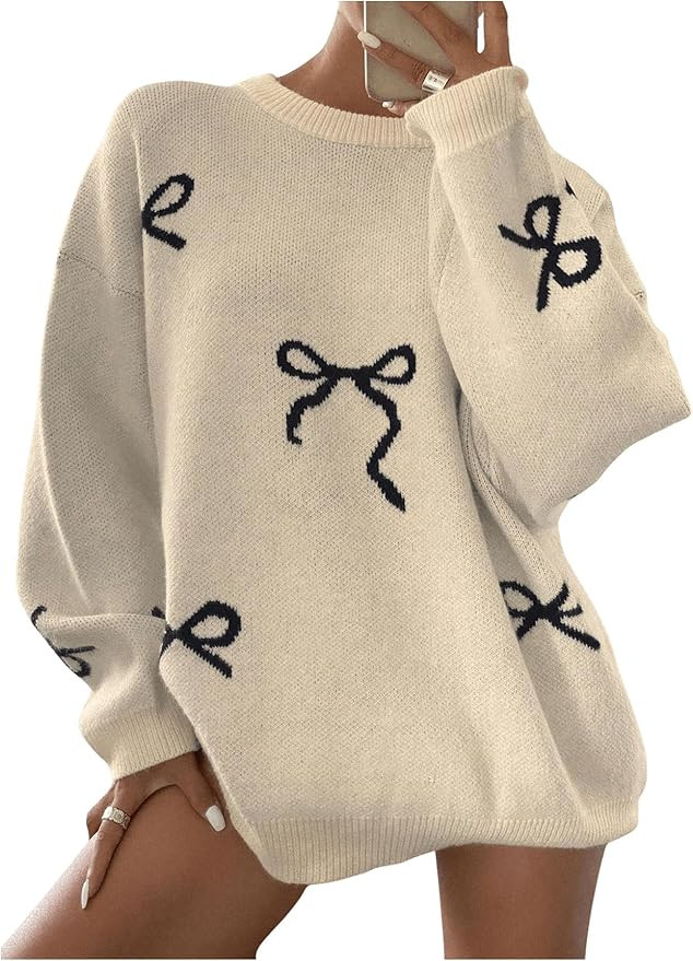 SOLY HUX Oversized Sweaters for Women Y2k Bow Print Crew Neck Drop Shoulder Long Sleeve Knit Pull... | Amazon (US)