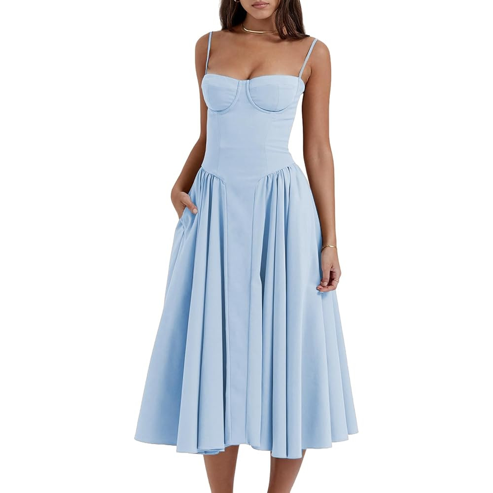 Womens Corset Dress Elegant Spaghetti Strap Midi Dress Flowy Pleated Hem Low Cut Prom Dresses Flo... | Amazon (US)