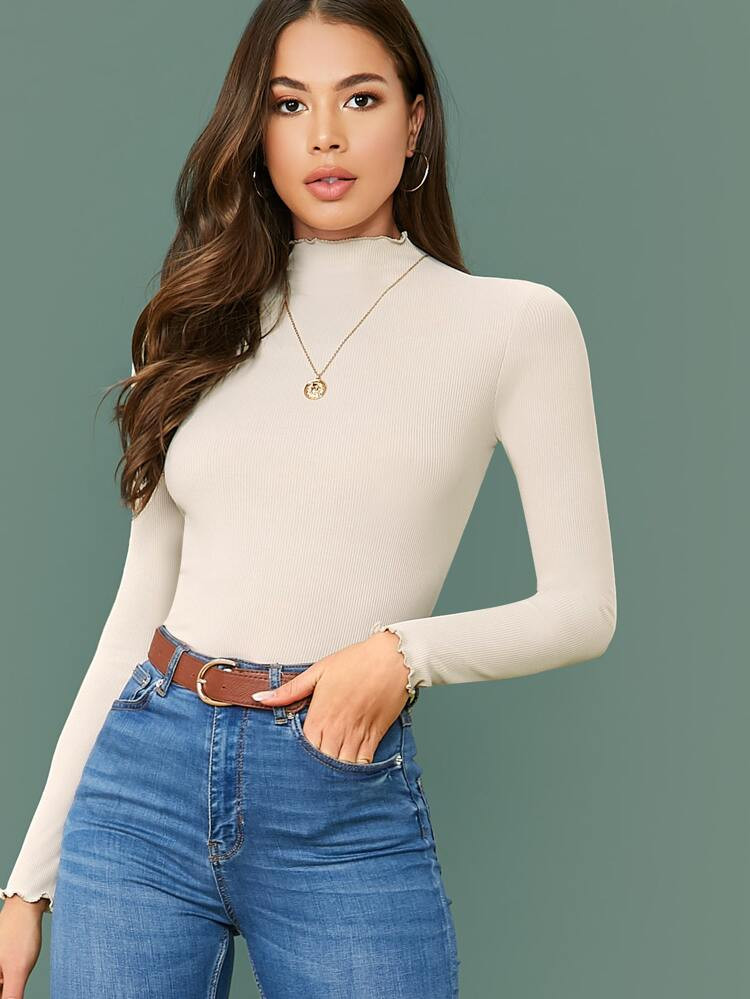 SHEIN Unity Mock-Neck Lettuce Trim Form Fitted Top | SHEIN