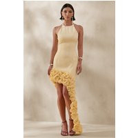 Indira | Lemon Halter-Neck Maxi Dress With Asymmetric-Floral Hem | Club L London