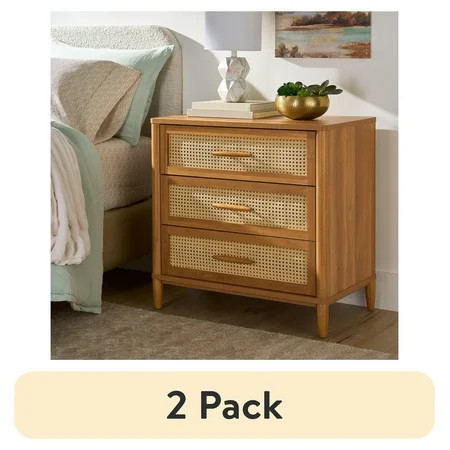 (2 pack) Better Homes & Gardens Springwood Caning 3-Drawer Nightstand with USB, Light Honey finish | Walmart (US)