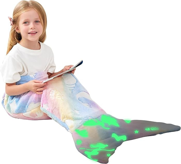 Viviland Kids Mermaid Tail Blanket - Mermaid Tail Blankets Glow in The Dark - Flannel Mermaid Bla... | Amazon (US)