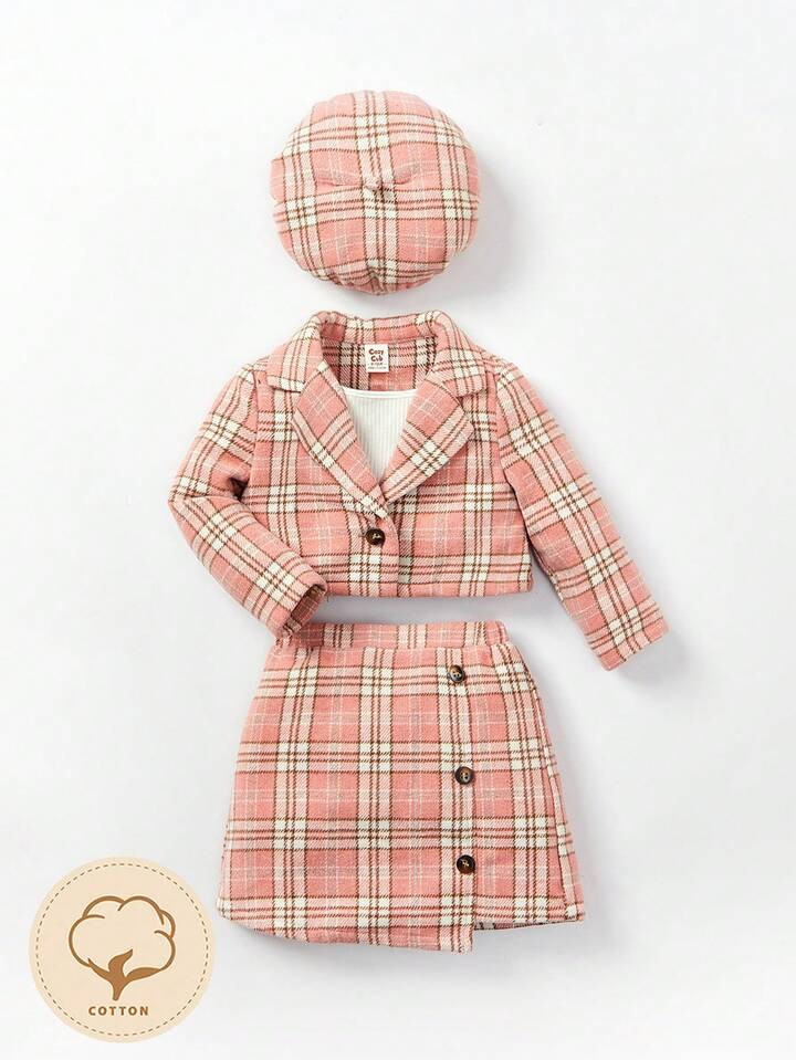 Cozy Cub Baby Girl Plaid Print Lapel Neck Blazer & Skirt & Cami Top & Hat | SHEIN