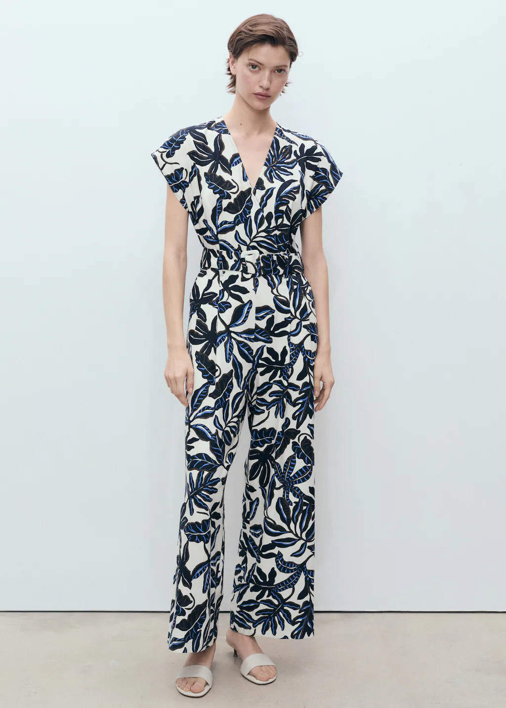 Printed linen jumpsuit with belt blue - Woman - M - MANGO | Mango (US/MX/AU)