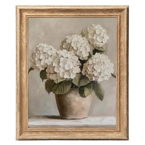 ASTRDECOR Framed Vintage Floral Wall Art, 8x10 White Hydrangea Flower Canvas Painting with Wood Grain Frame, Flowers Painting Picture, Rustic Wall Decor Gifts for Friends or Family | Amazon (US)