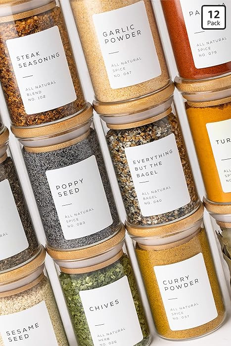 Empty Spice Jars with Label Pack (12x Bamboo Lid Glass Jar). Small 6oz Spice Storage Bottles with... | Amazon (US)