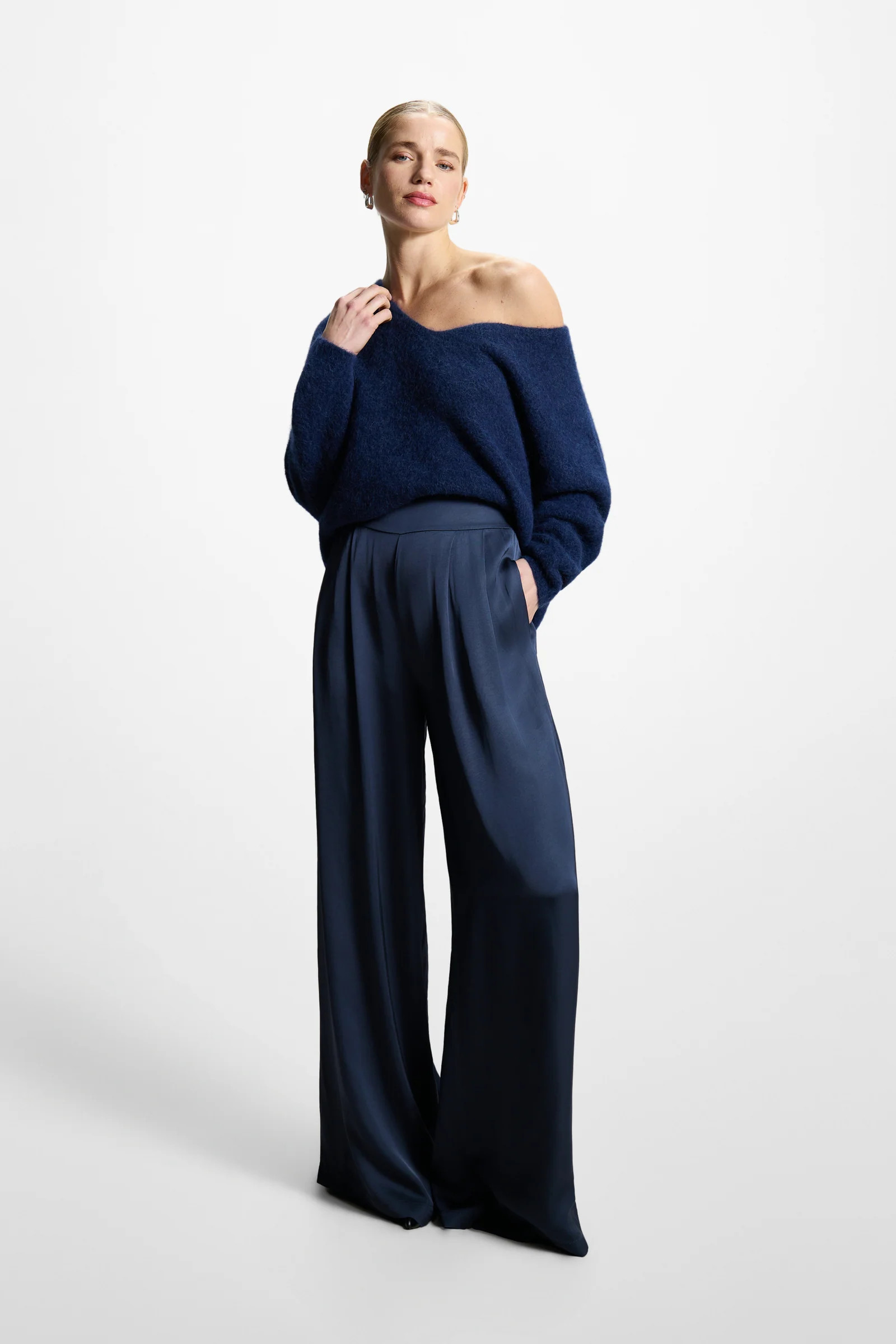 Claudia Elastic Waist Satin Trousers | Ink | JAKI
