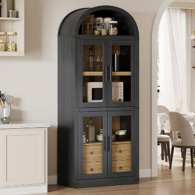 Coucheta 71.4" Farmhouse Arched Pantry Cabinet with Doors and Drawers, Kitchen Cupboard Storage Bookcase, Natural Wood,Black | Target