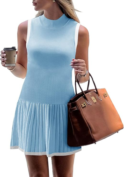 Wenrine Womens Sleeveless Summer Mini Dress Mock Neck Ribbed Knit Ruffle Pleated Casual Tank Dres... | Amazon (US)